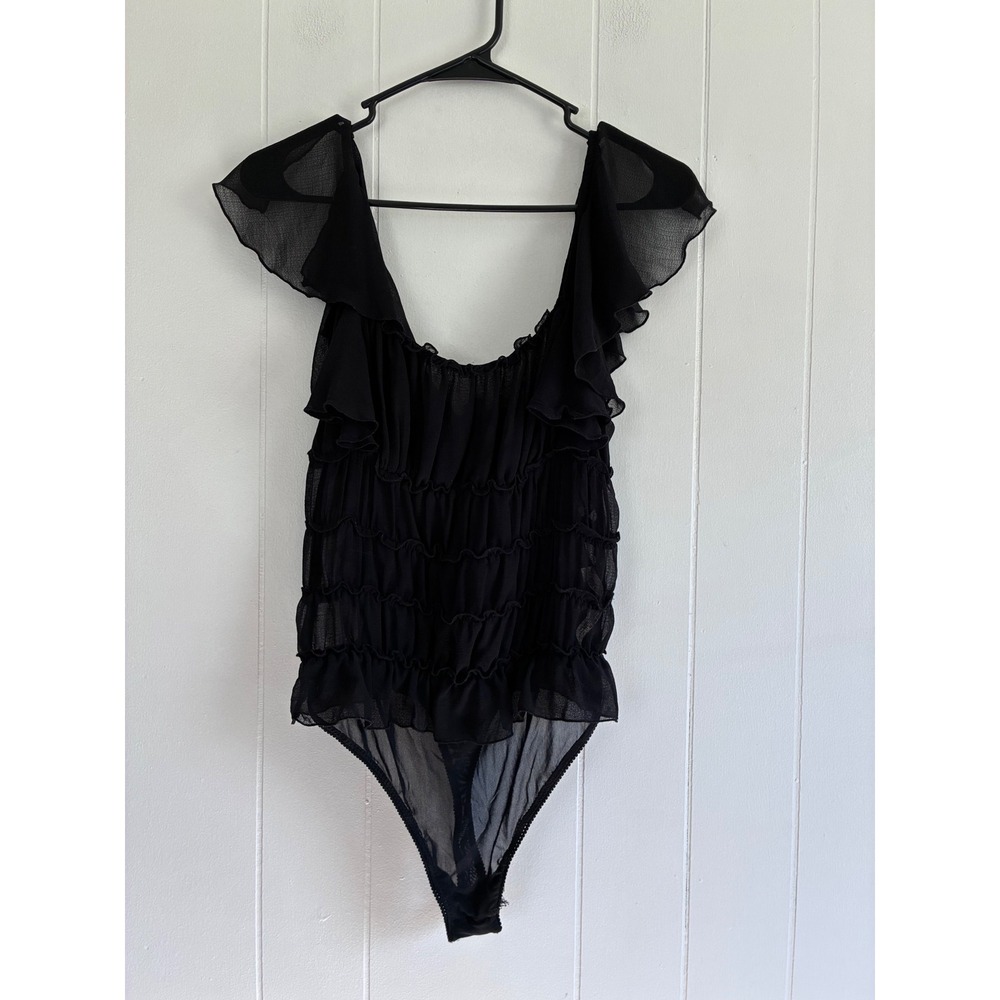 Intimately Free People Black Ruffle Mesh Bodysuit Flutter Sleeve Small S‎ P